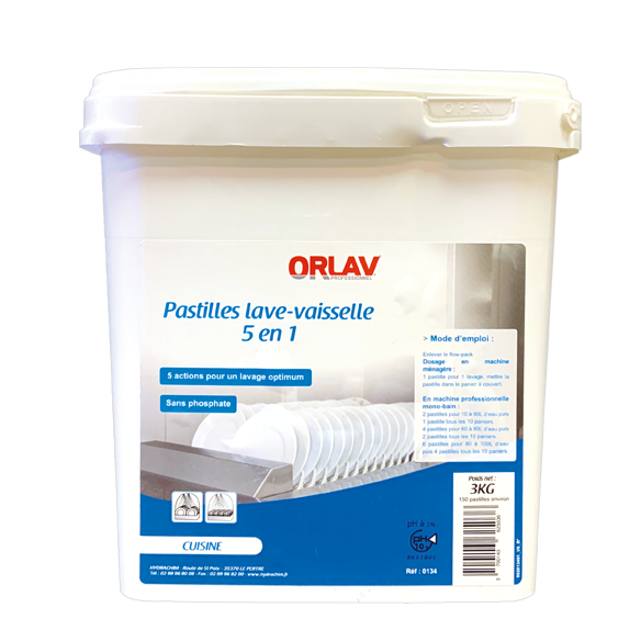 Pastilles tri-couches 5 en 1 lave-vaisselle - Seau 3Kg - ORLAV